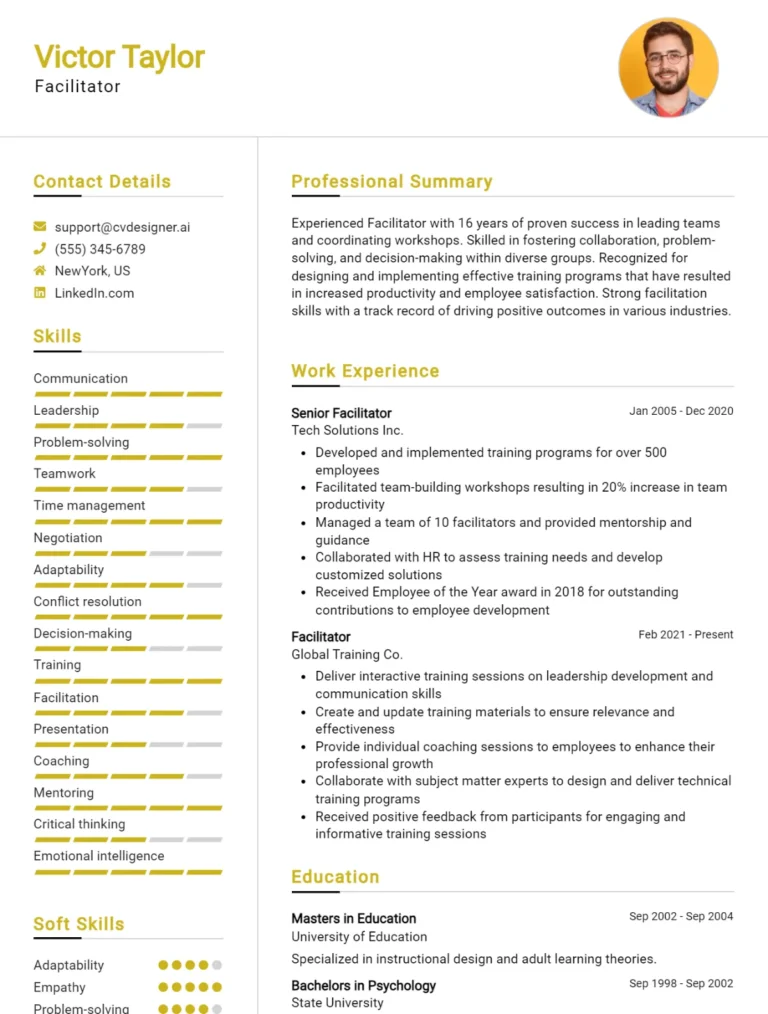 Facilitator CV Example For 2025: Best Writing Guide