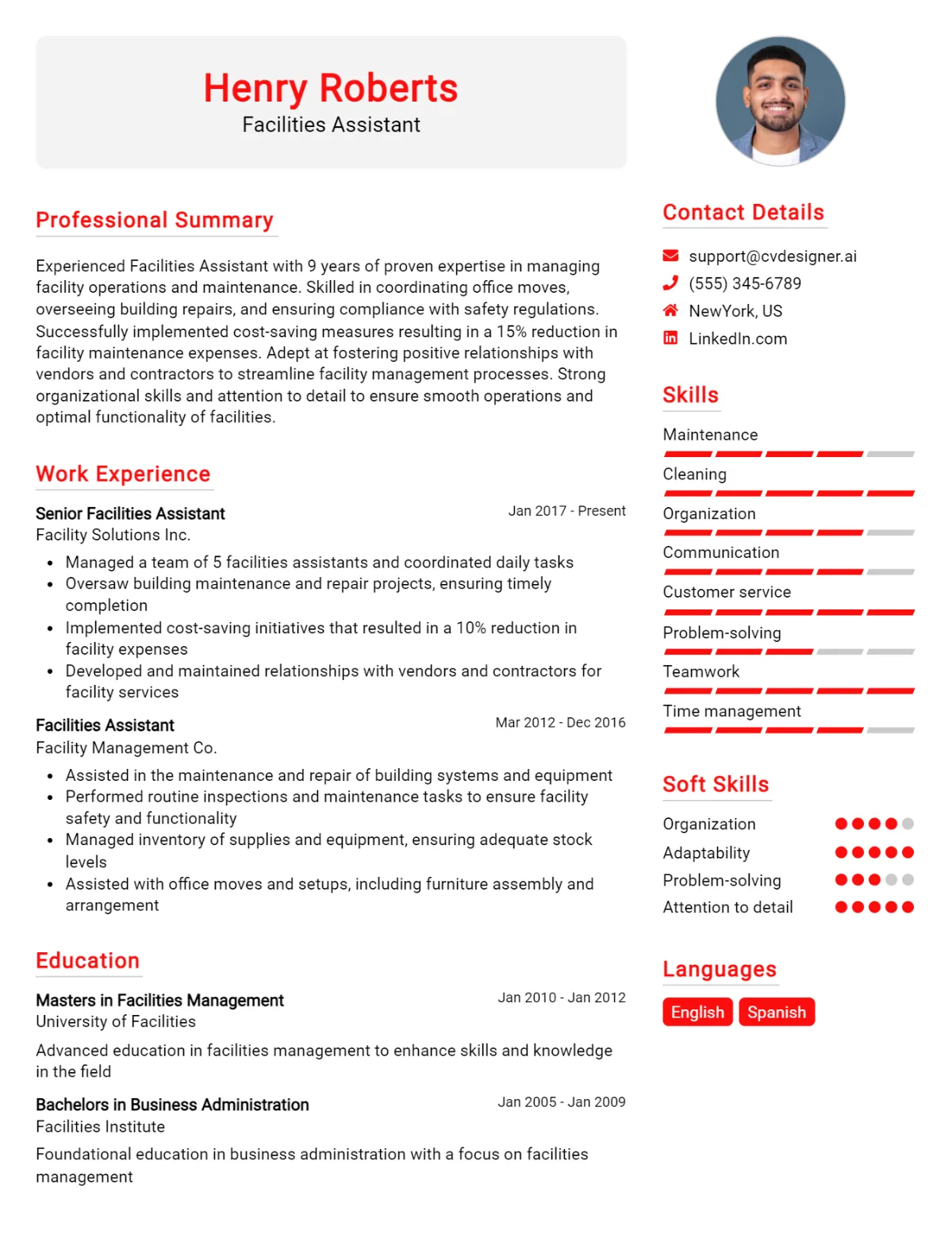 Facilities Assistant CV Example