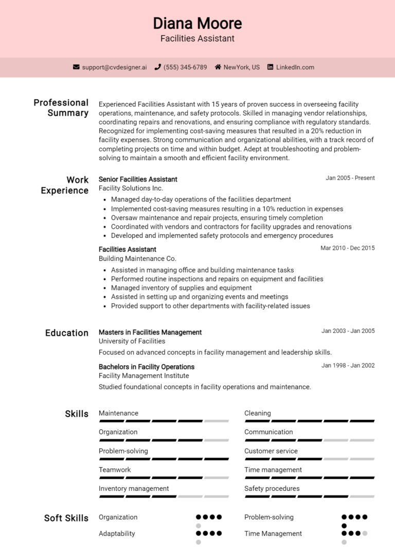 Facilities Assistant Resume Example for 2025: Samples & Best Practices