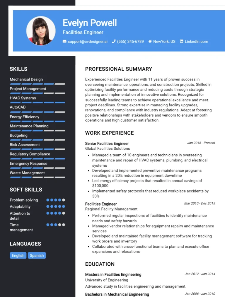 Facilities Engineer CV Example For 2025: Top Tips & Samples