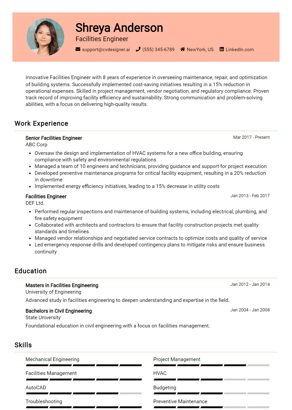 Facilities Engineer Resume Example