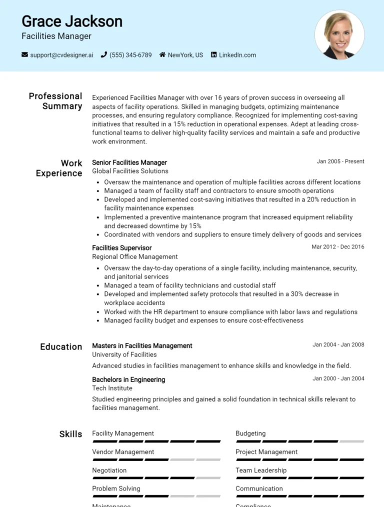 Facilities Manager CV Example For 2025: Free Professional Templates