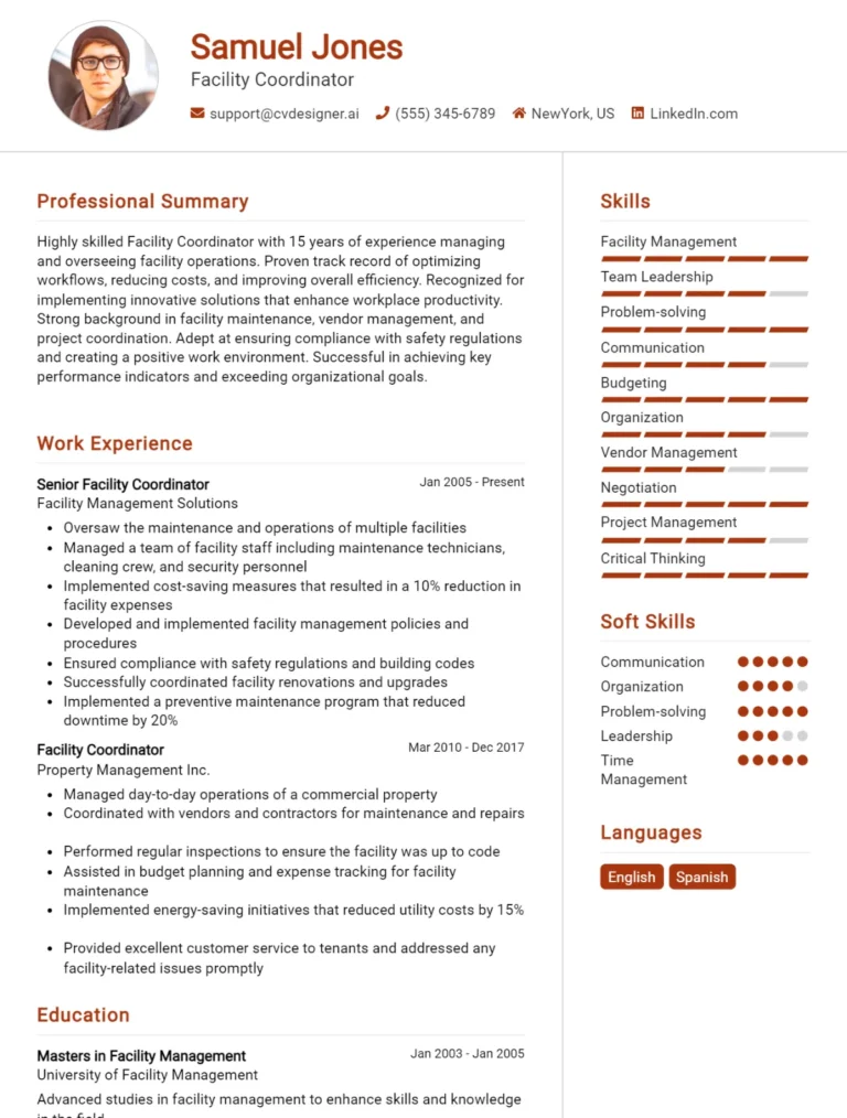 Facility Coordinator CV Example For 2025: Proven Tips & Templates