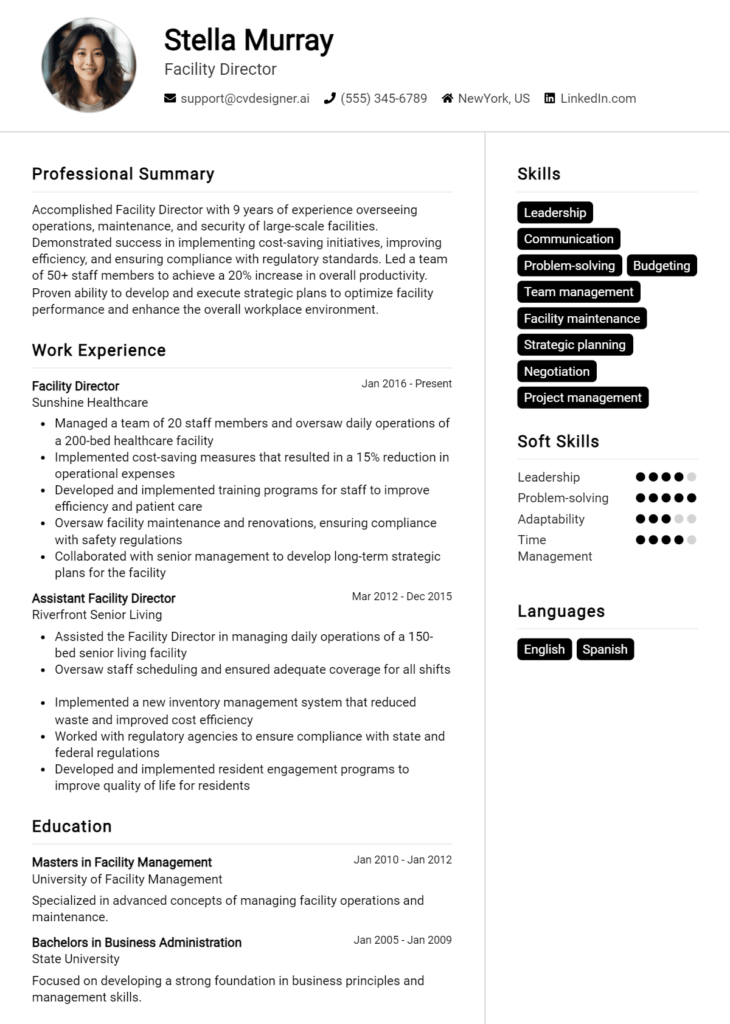 Facility Director Resume Example