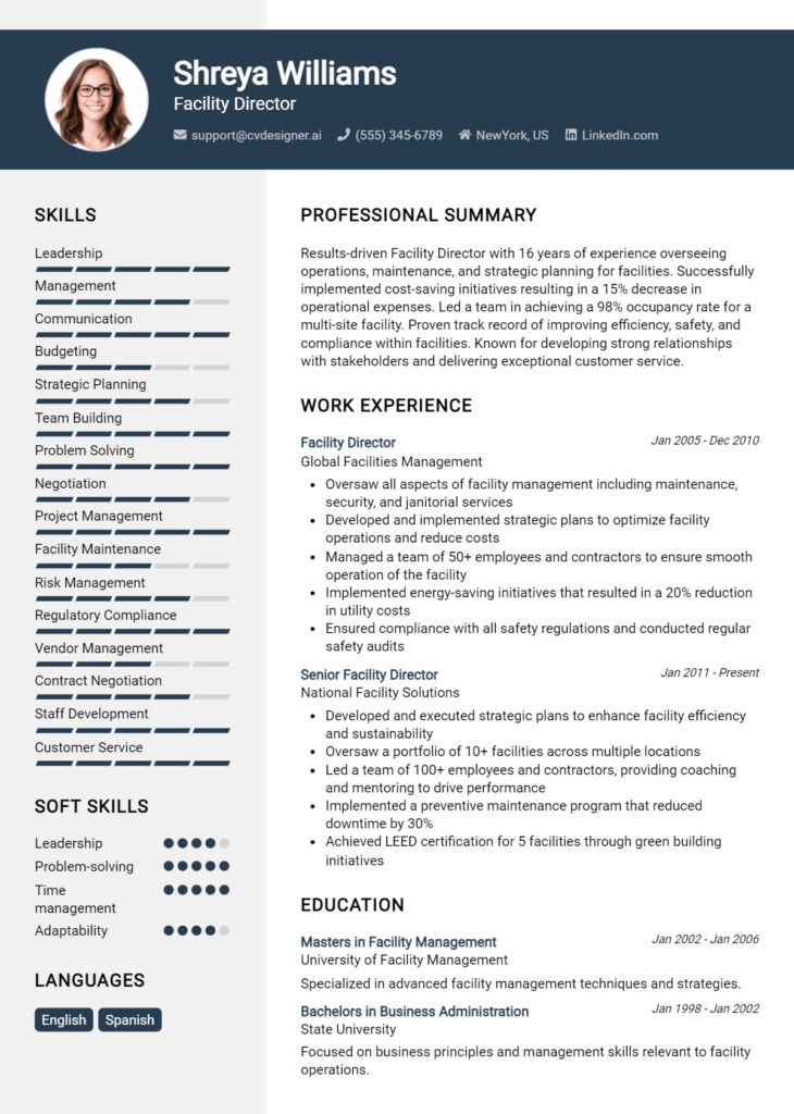 Facility Director Resume Example for 2024: Free Samples - CVDesigner.ai