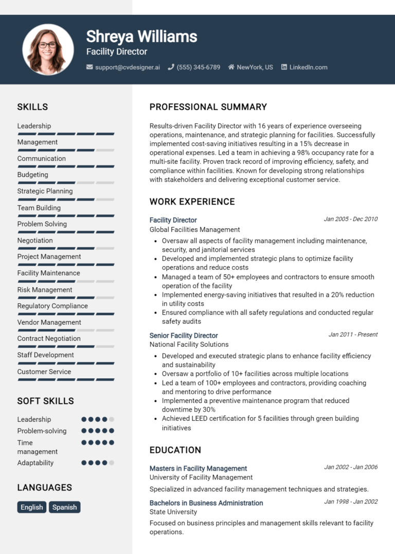 Facility Director Resume Example for 2025: Free Samples