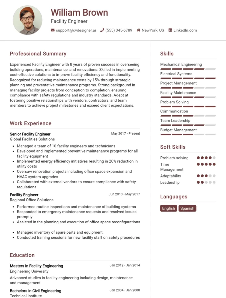 Facility Engineer CV Example For 2025: Tips to Stand Out