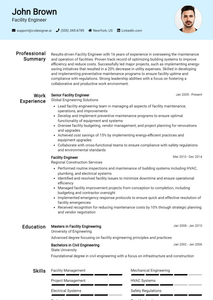 Facility Engineer Resume Example for 2024: Top CV Skills - CVDesigner.ai