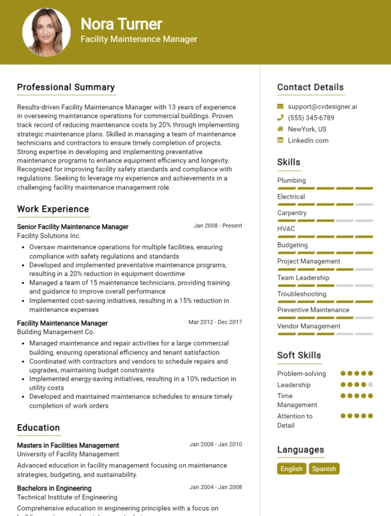 Facility Maintenance Manager CV Example