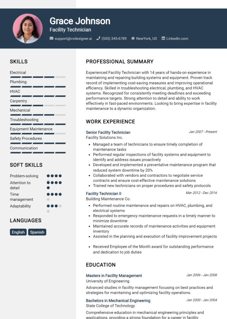 Facility Technician Resume Example