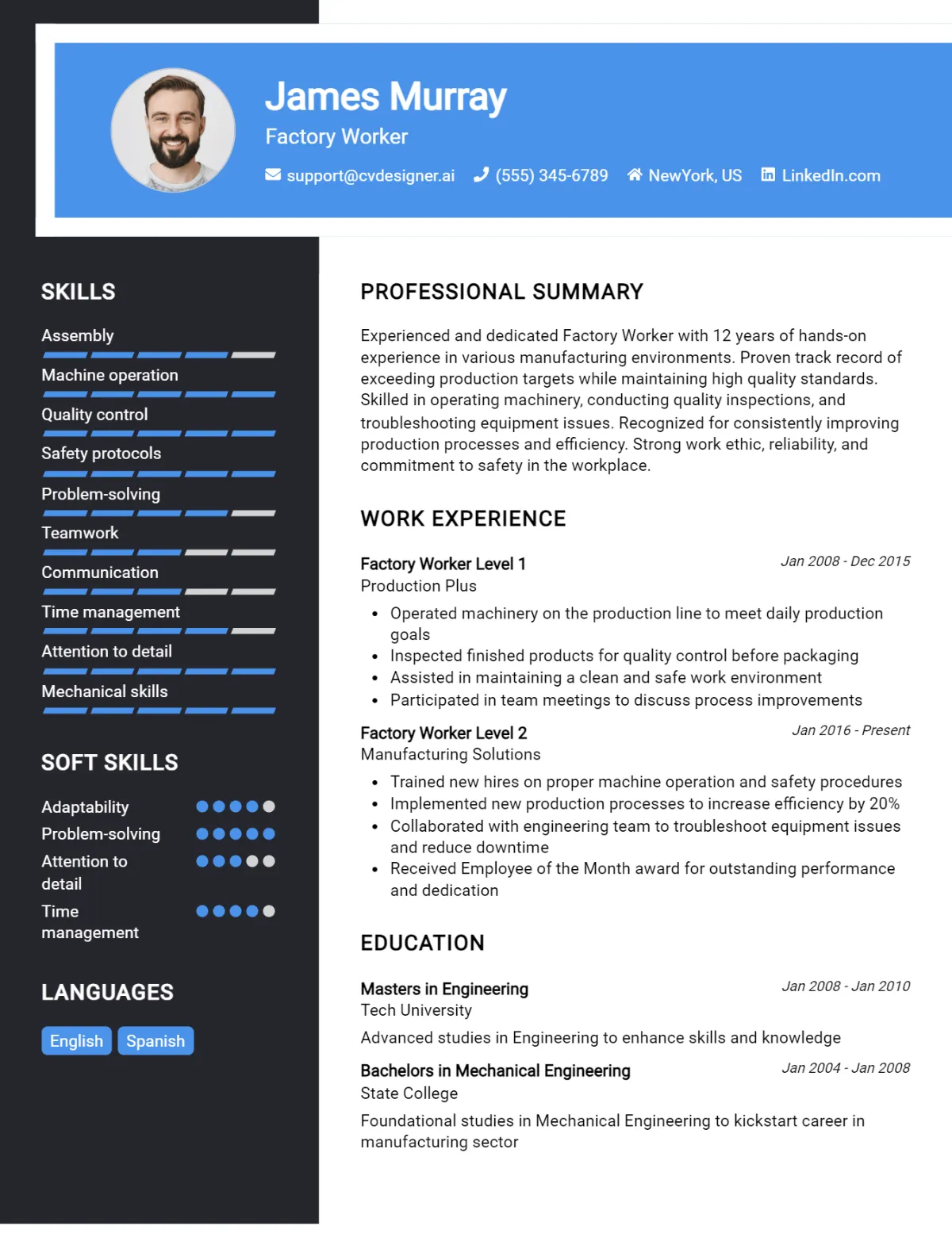 Factory Worker CV Example