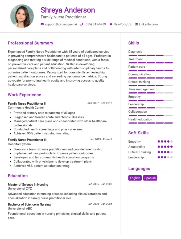 Family Nurse Practitioner CV Example For 2025: Free Downloadable Templates