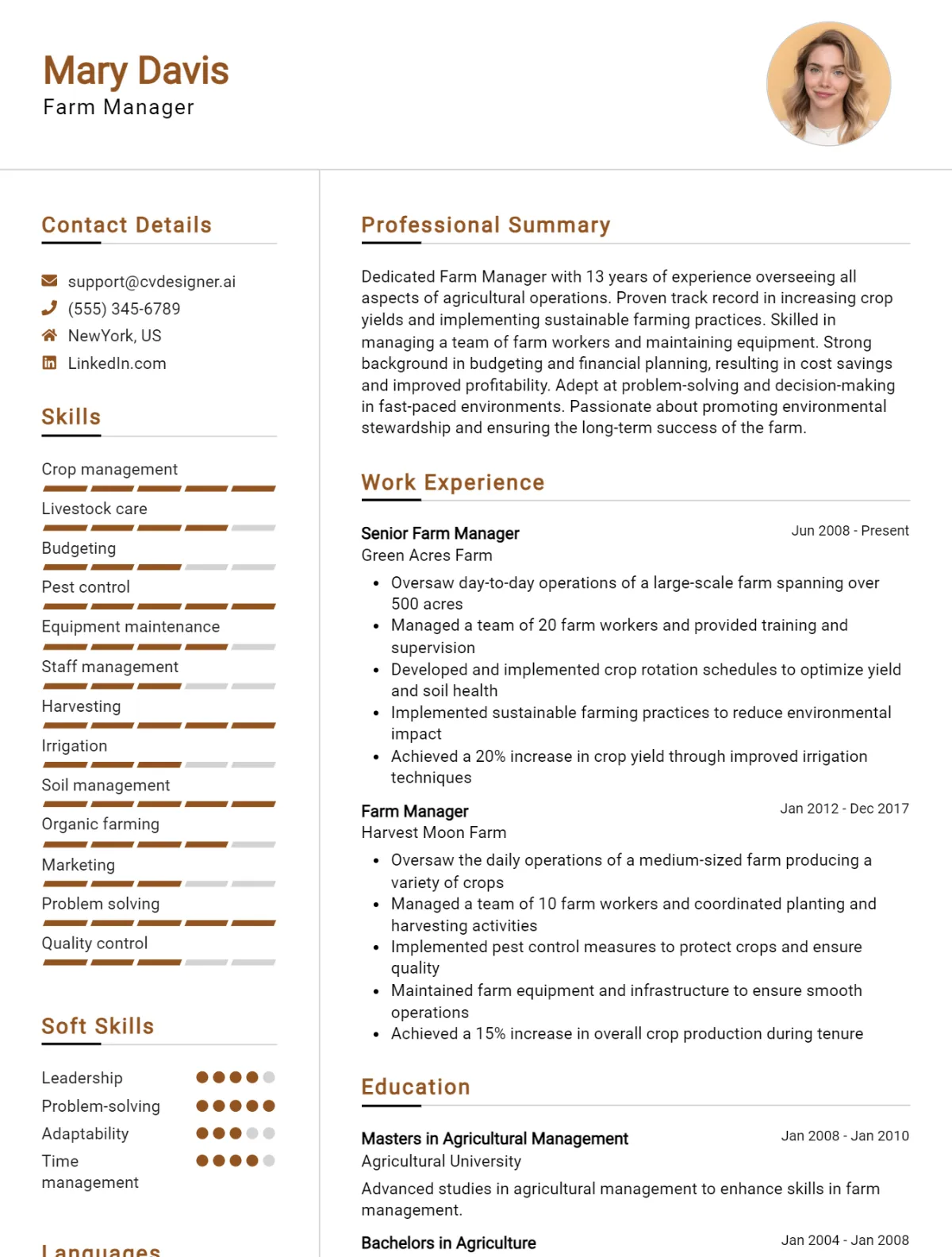 Farm Manager CV Example