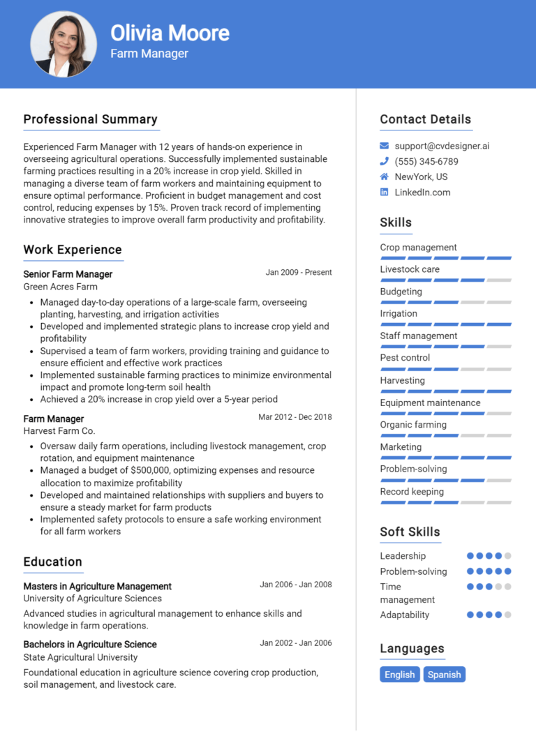 Farm Manager Resume Example for 2025: Free Guide