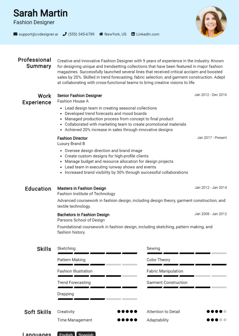 Fashion Designer Resume Example for 2025: Effective Tips