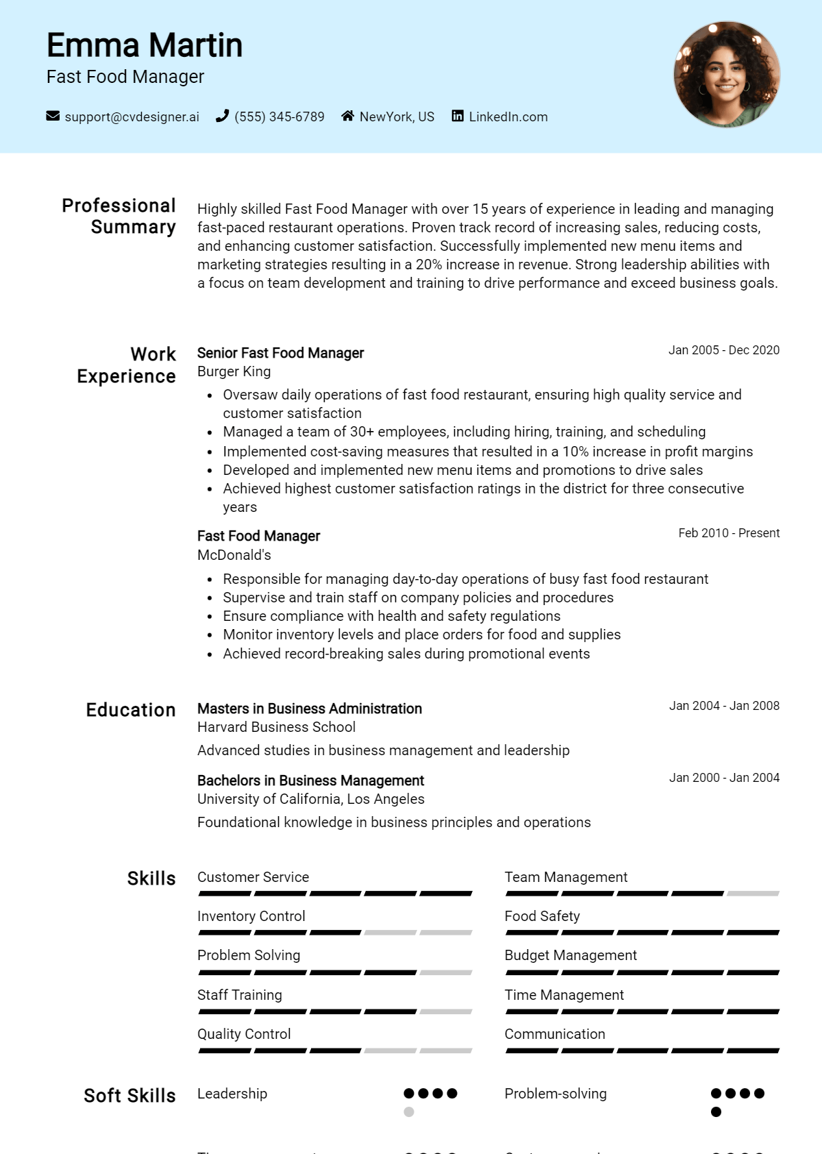 Fast Food Manager Resume Example