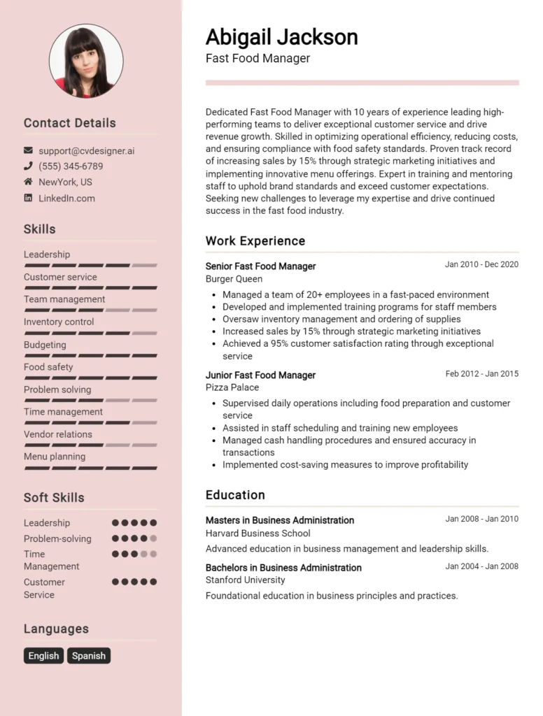 Fast Food Manager CV Example