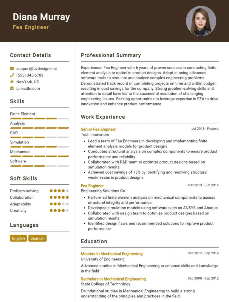 FEA Engineer CV Example For 2025: Free Downloadable Templates
