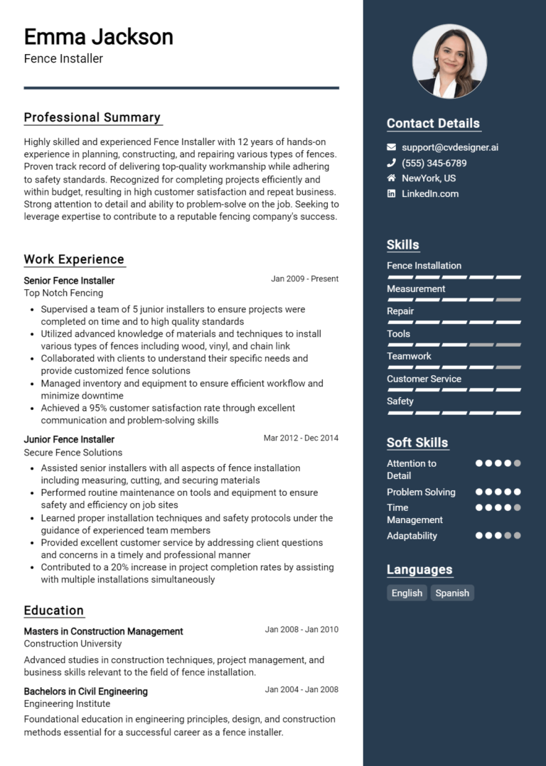 Fence Installer Resume Example for 2025: Free Professional Templates