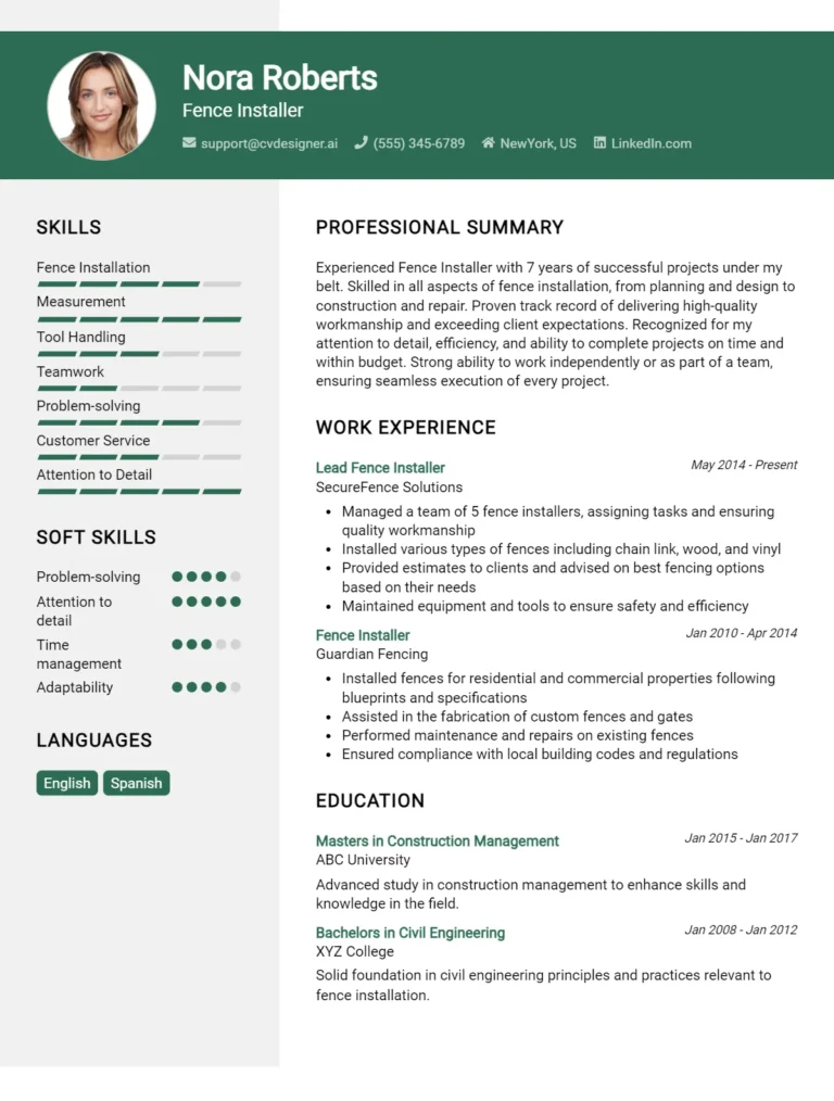 Fence Installer CV Example For 2025: Best Tips & Templates