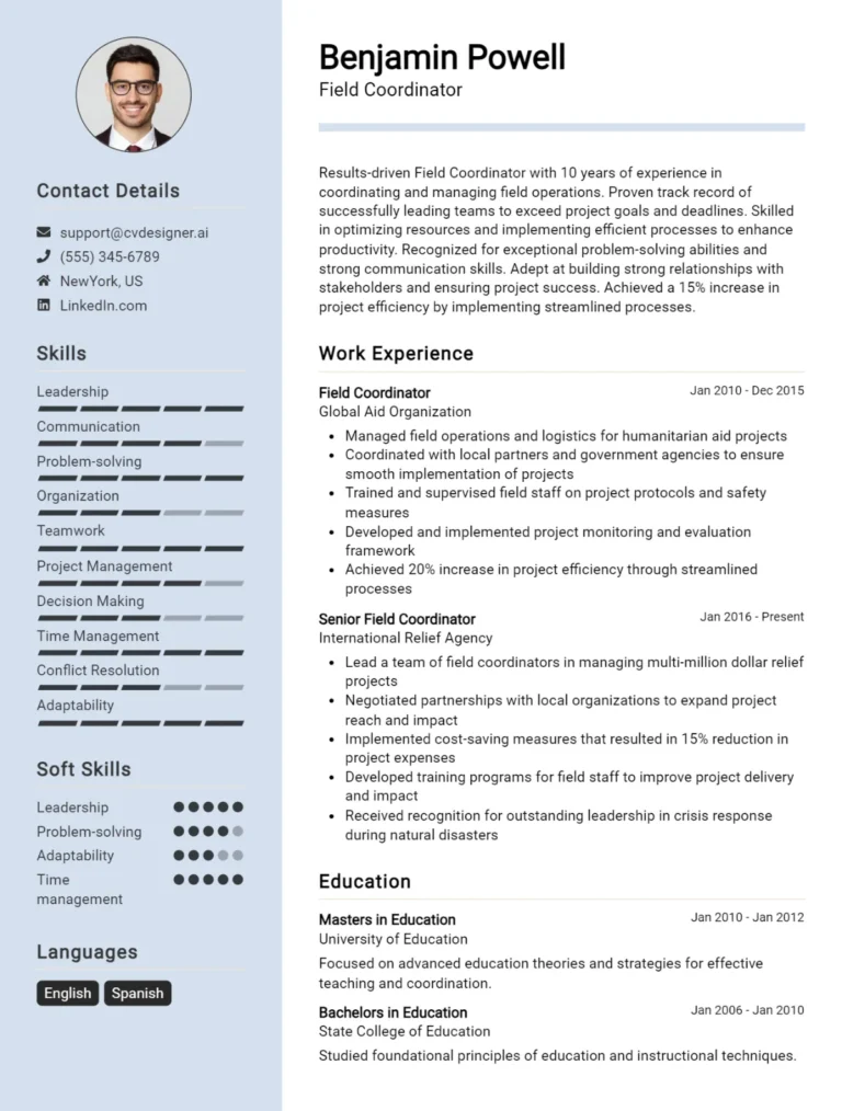 Field Coordinator CV Example For 2025: Free Professional Templates