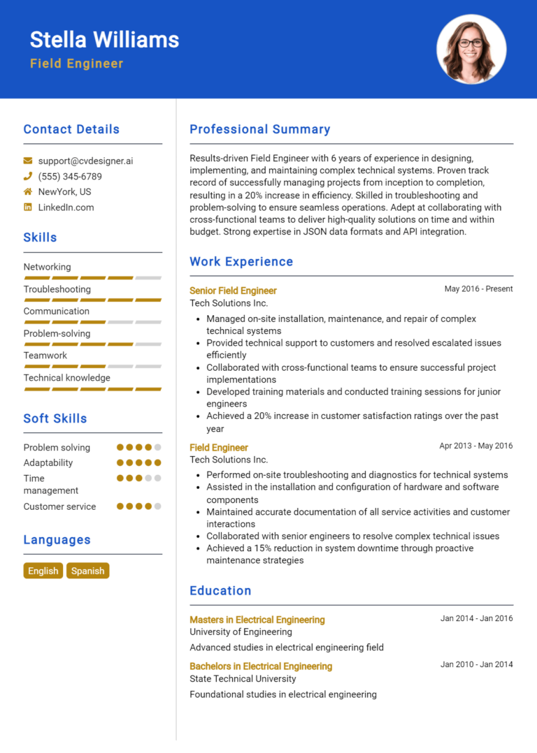 Field Engineer Resume Example for 2025: Top CV Skills