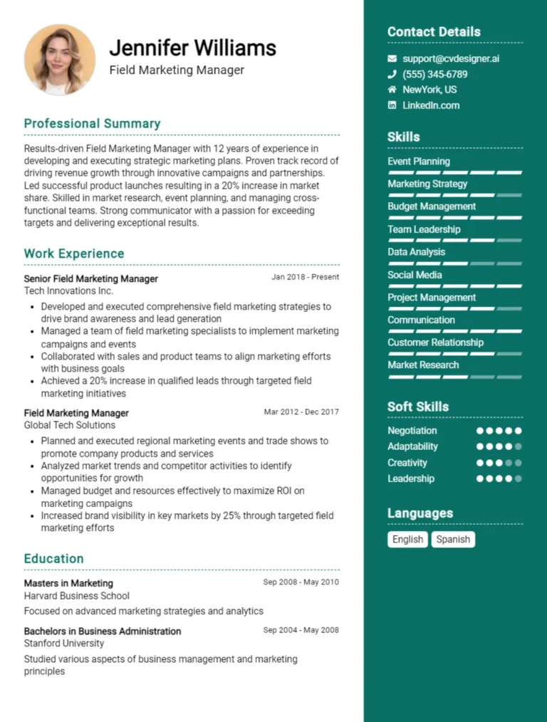 Field Marketing Manager CV Example For 2025: Examples & Free Templates