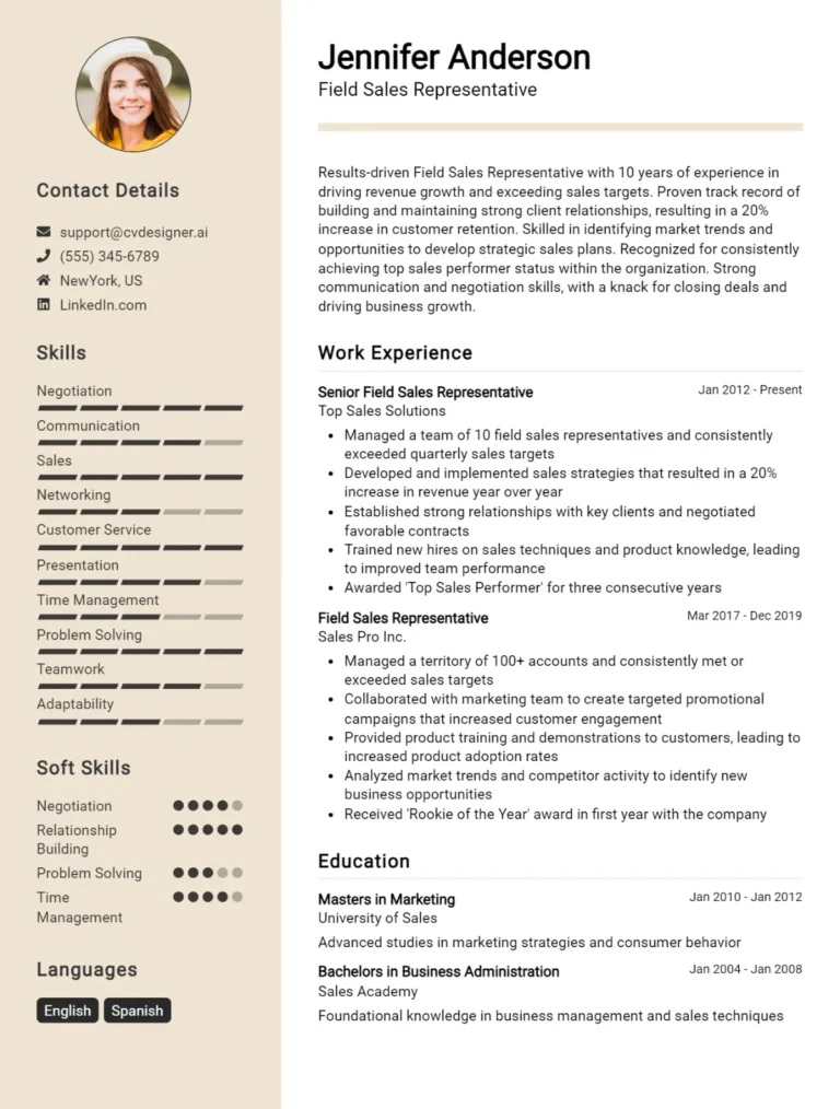 Field Sales Representative CV Example For 2025: Ultimate Guide