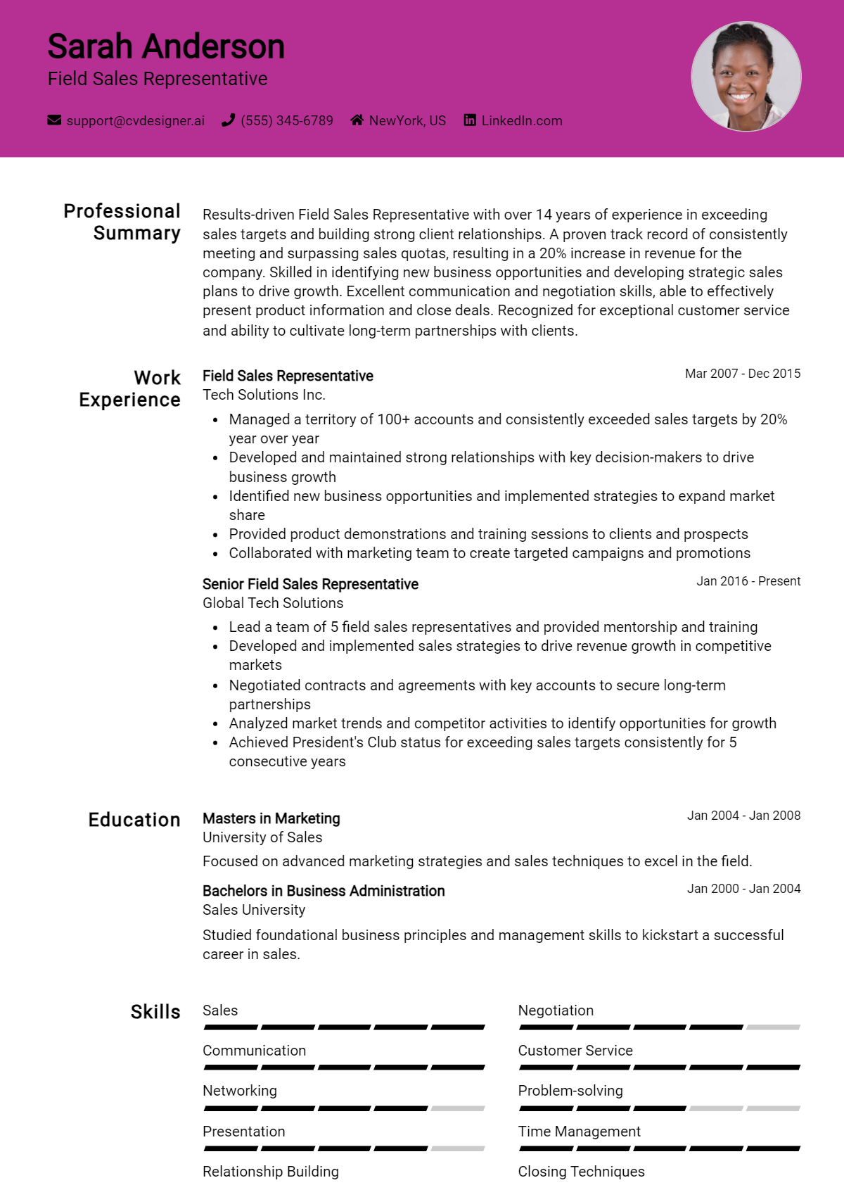 Field Sales Representative Resume Example