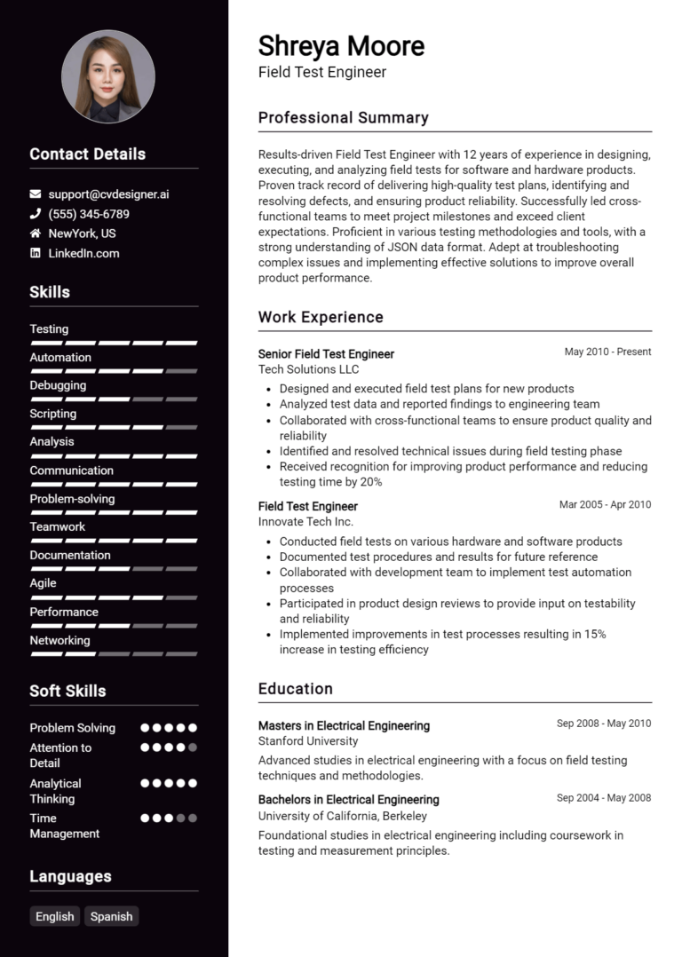 Field Test Engineer Resume Example for 2025: Strategies & Templates