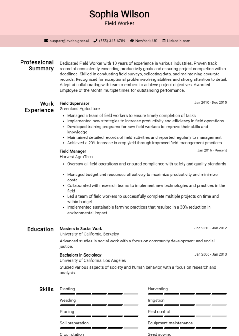 Field Worker Resume Example for 2025: Best Writing Guide