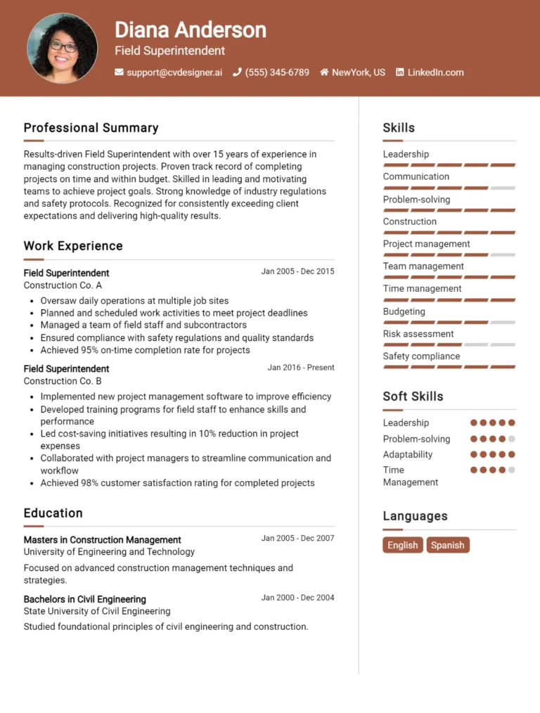Field Superintendent CV Example For 2025: Strategies & Templates