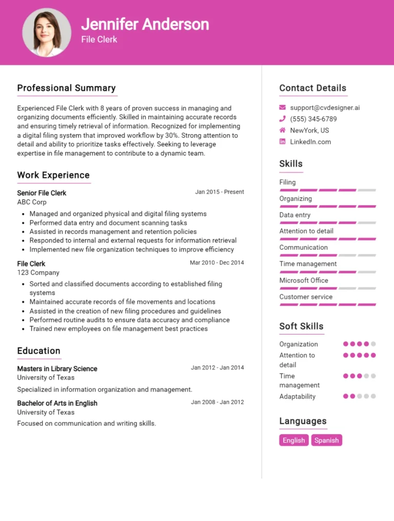File Clerk CV Example For 2025: Free Professional Templates