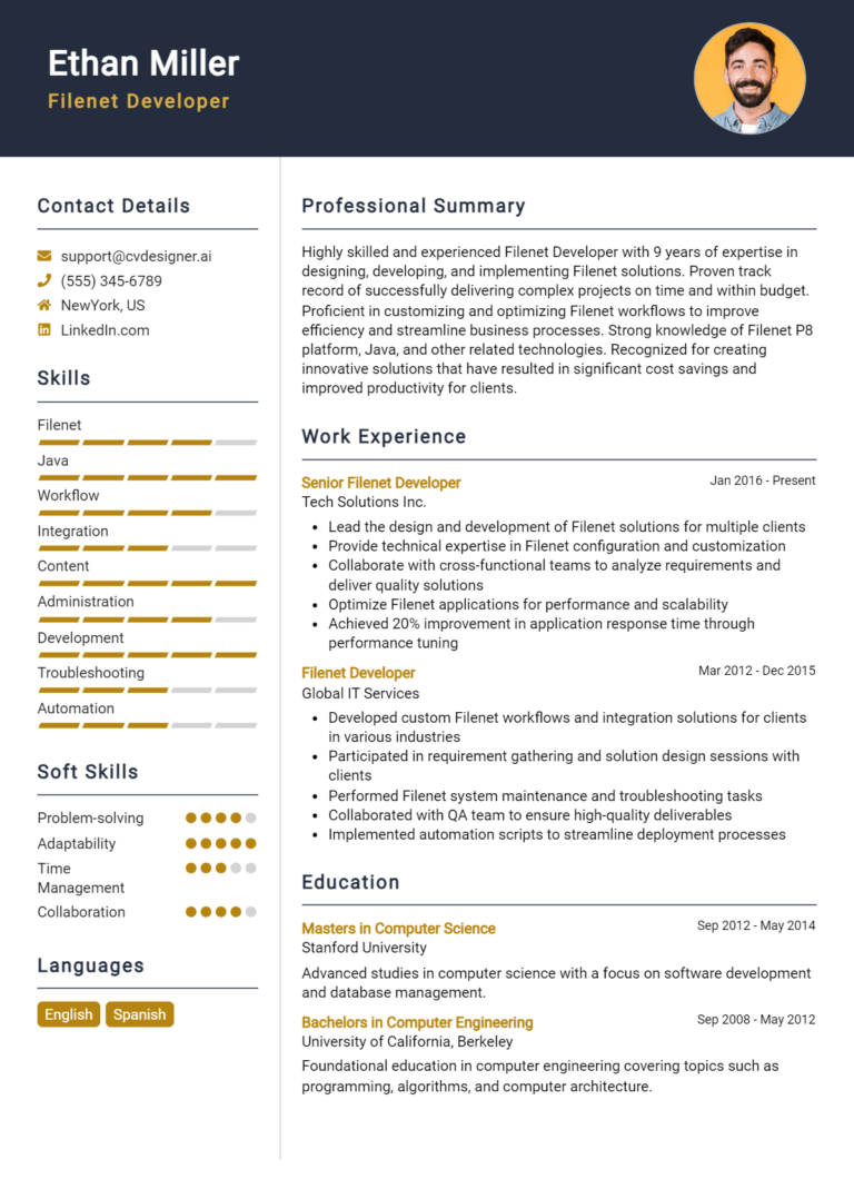 FileNet Developer Resume Example for 2025: Free Templates