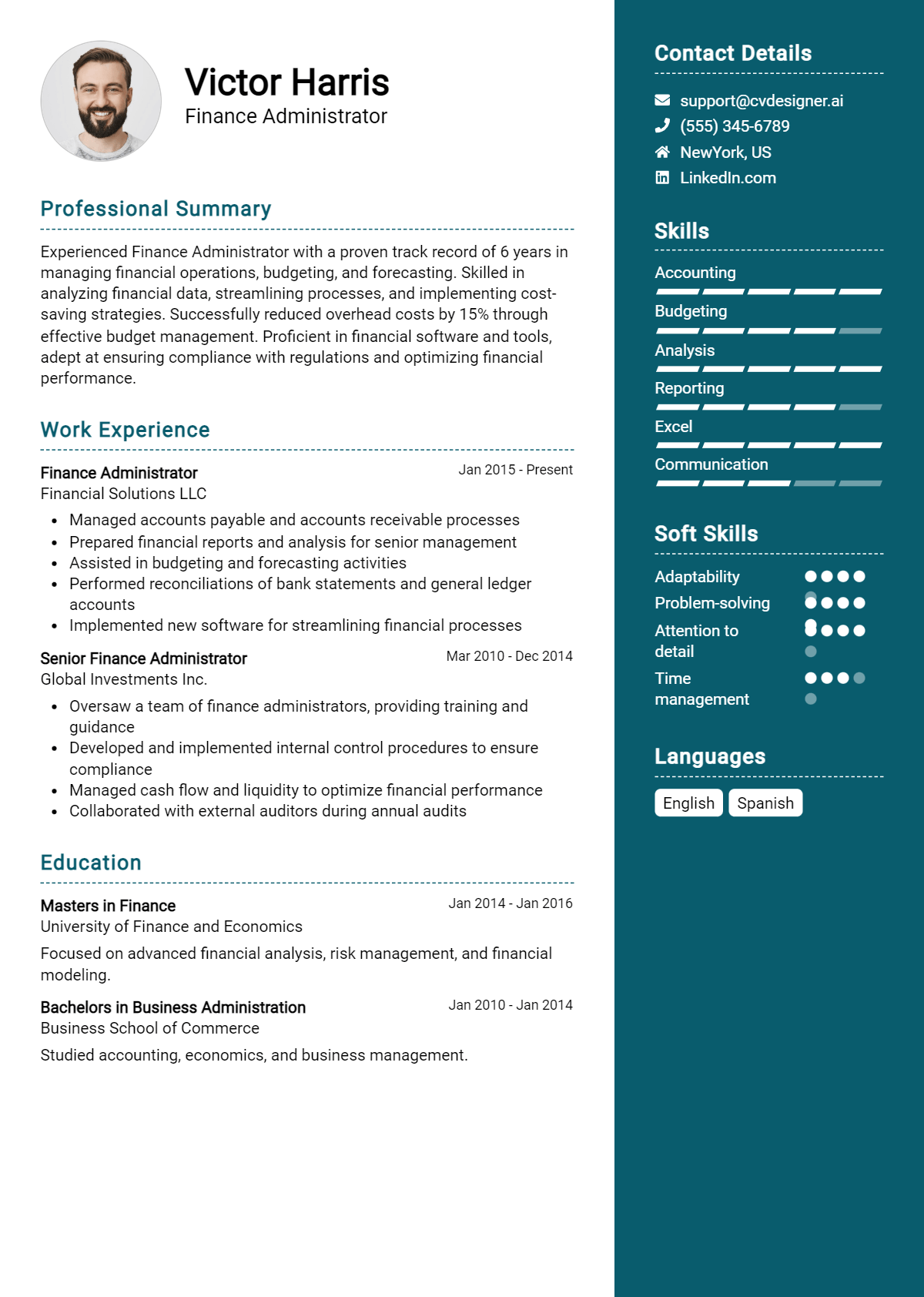 Finance Administrator Resume Example