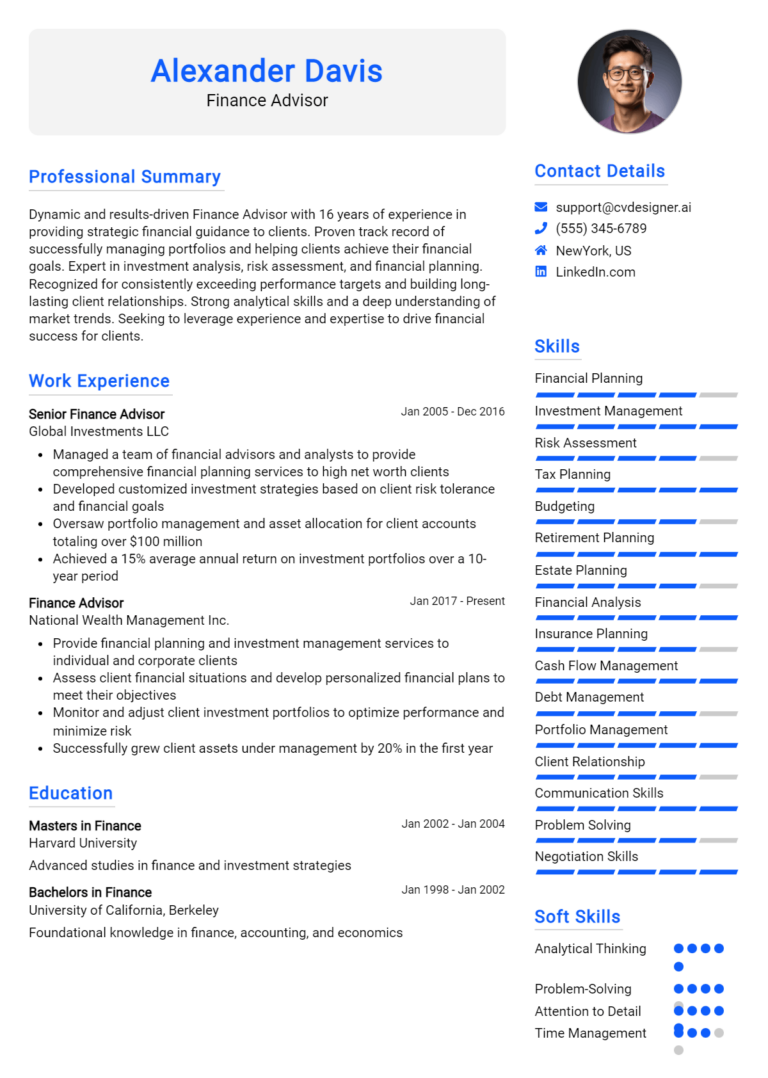 Finance Advisor Resume Example for 2025: Effective CV Writing Tips