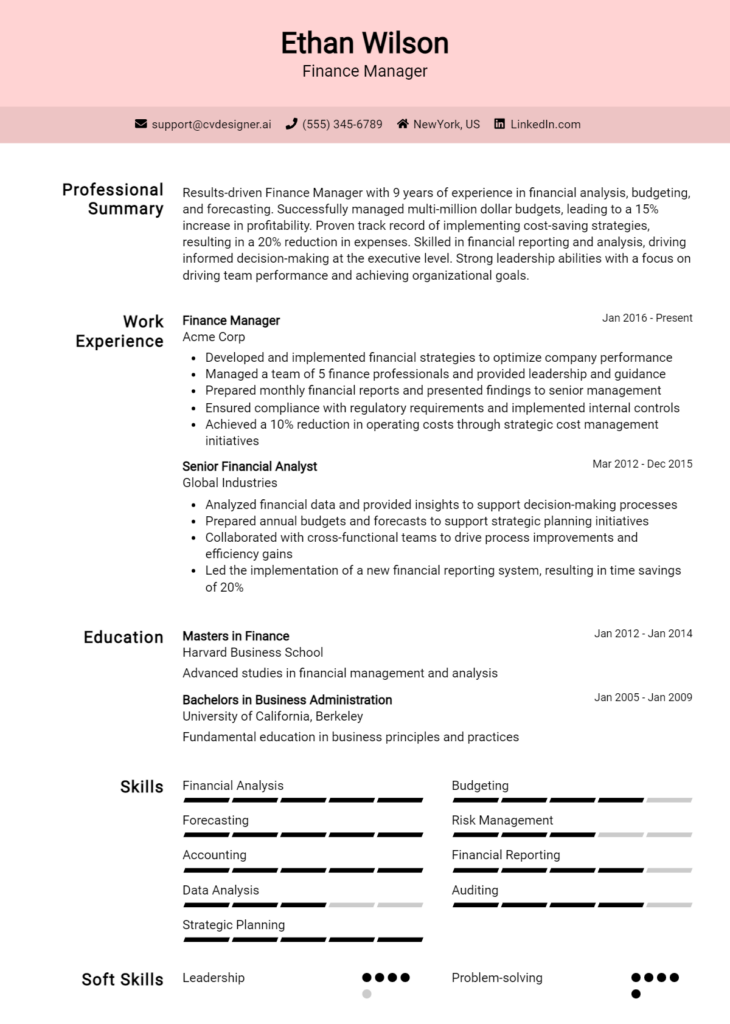 Finance Manager Resume Example