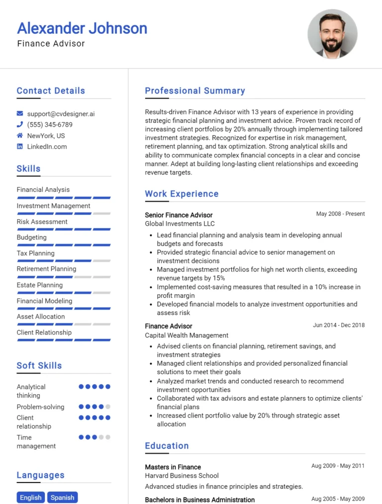 Finance Advisor CV Example For 2025: Ultimate Guide