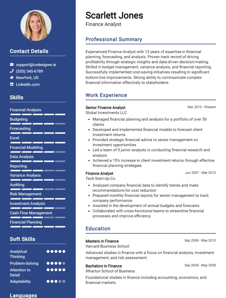 Finance Analyst CV Example