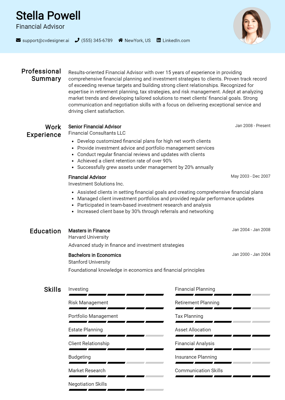 Financial Advisor Resume Example