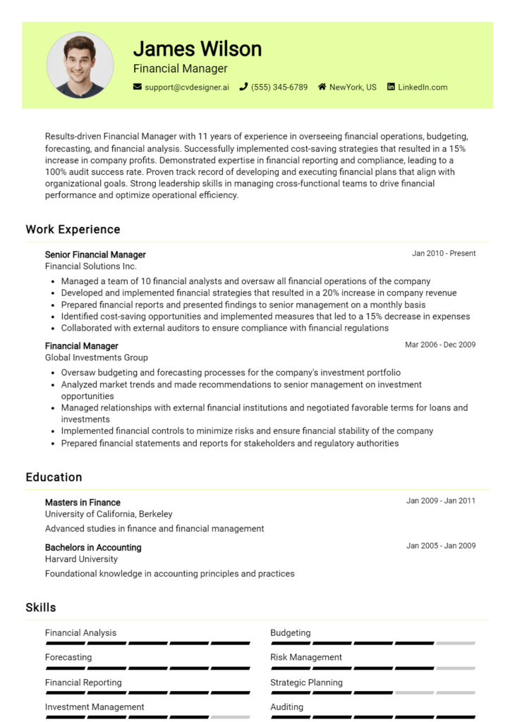 16 Financial Manager Resume Examples And Templates for 2024 - CVDesigner.ai