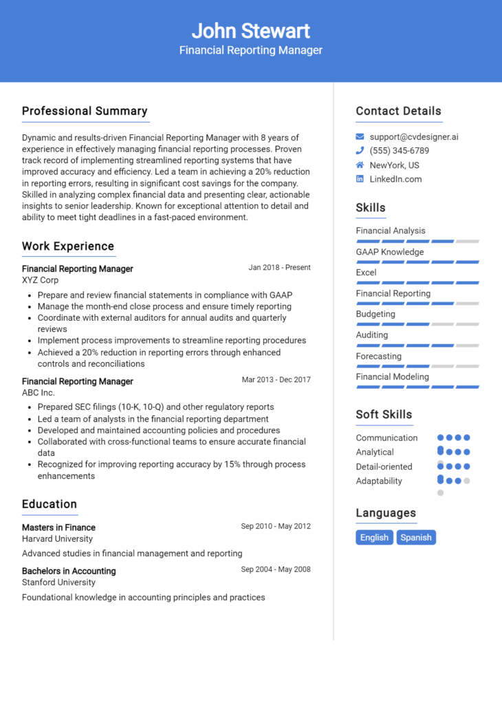 Financial Reporting Manager Resume Example