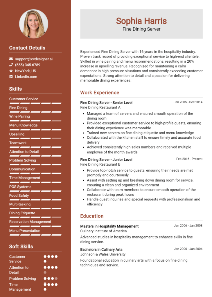 Fine Dining Server Resume Example for 2024: Top CV Skills - CVDesigner.ai