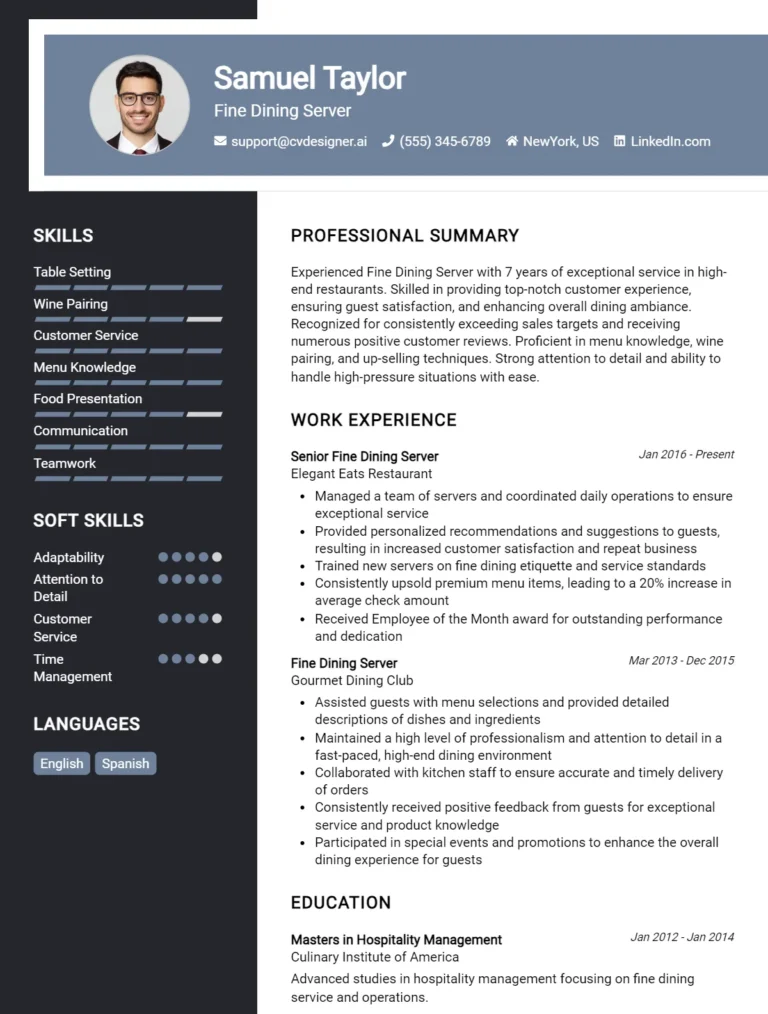 Fine Dining Server CV Example For 2025: How to Craft a Winning CV
