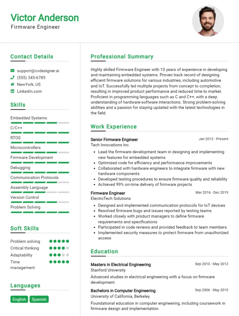 Firmware Engineer CV Example For 2025: Samples & Best Practices