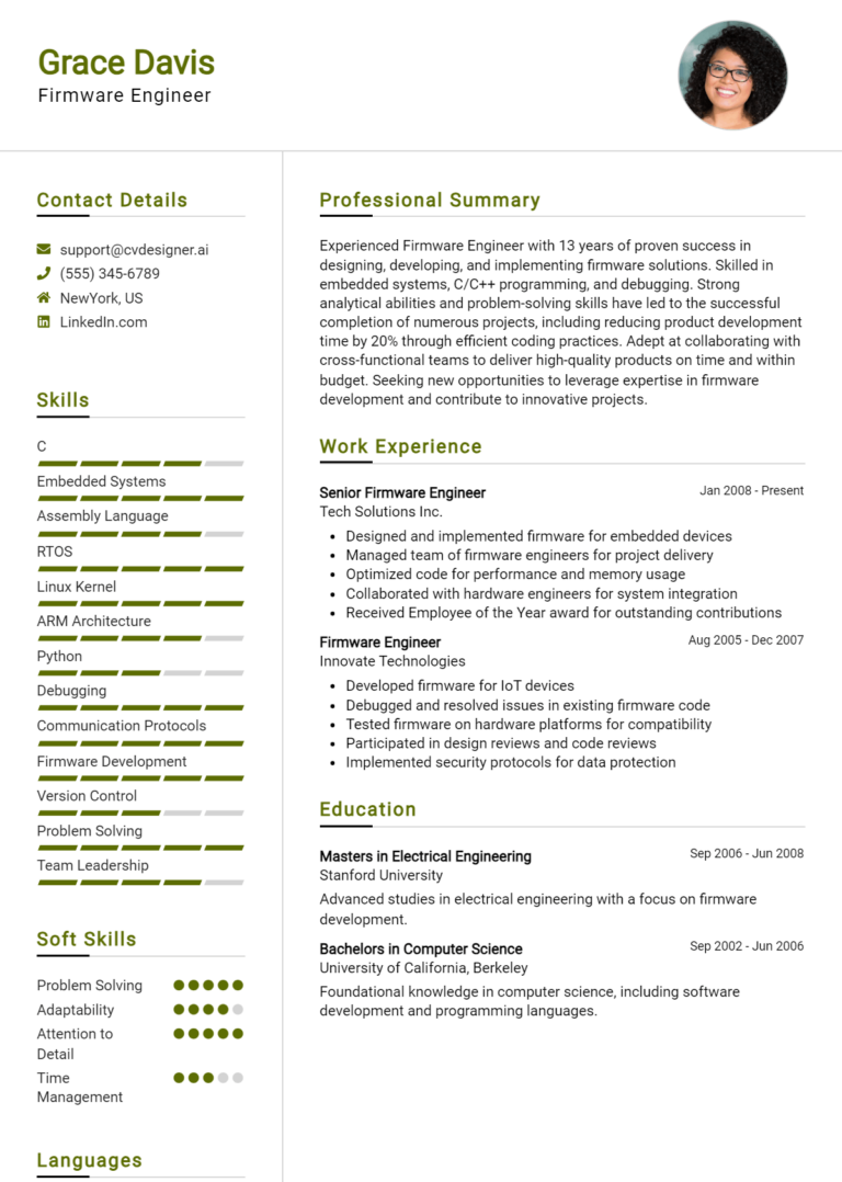 Firmware Engineer Resume Example for 2025: Writing Guide