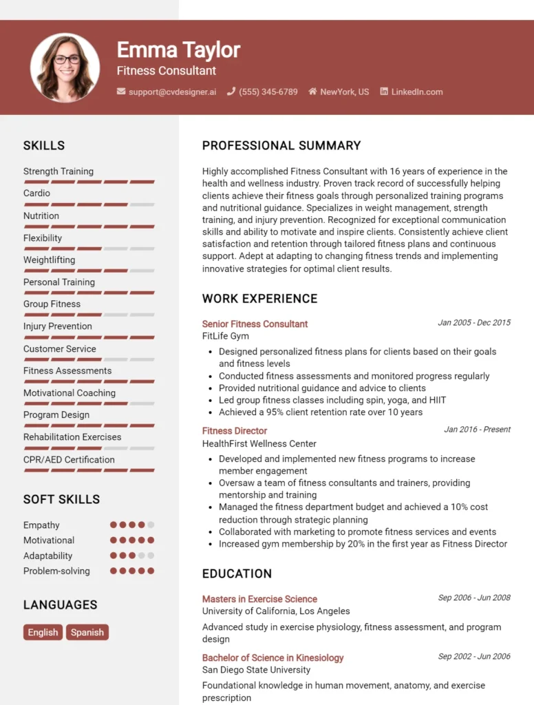 Fitness Consultant CV Example