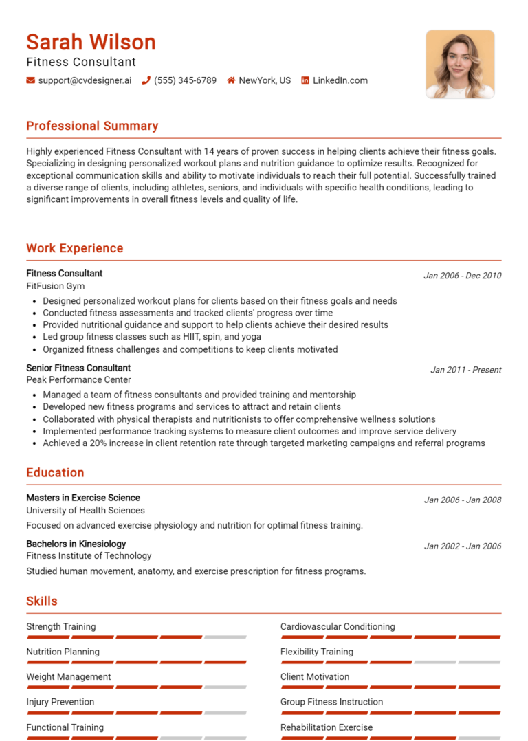Fitness Consultant Resume Example for 2025: Tips & Templates