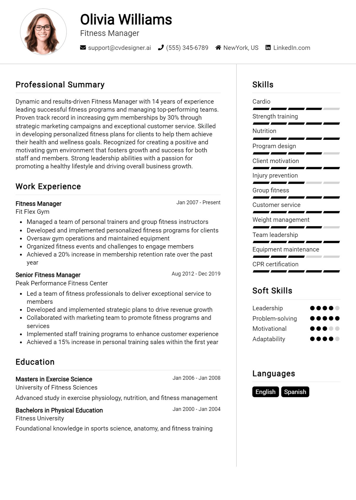 Fitness Manager Resume Example