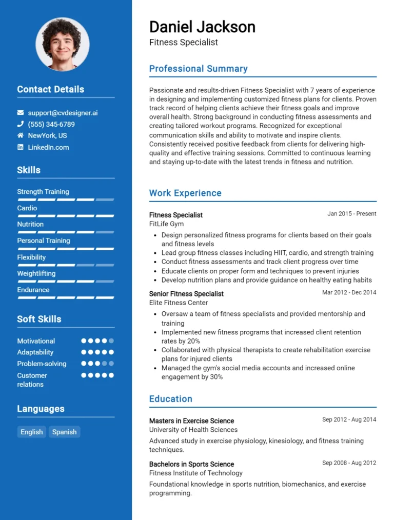 Fitness Specialist CV Example For 2025: Tips & Templates